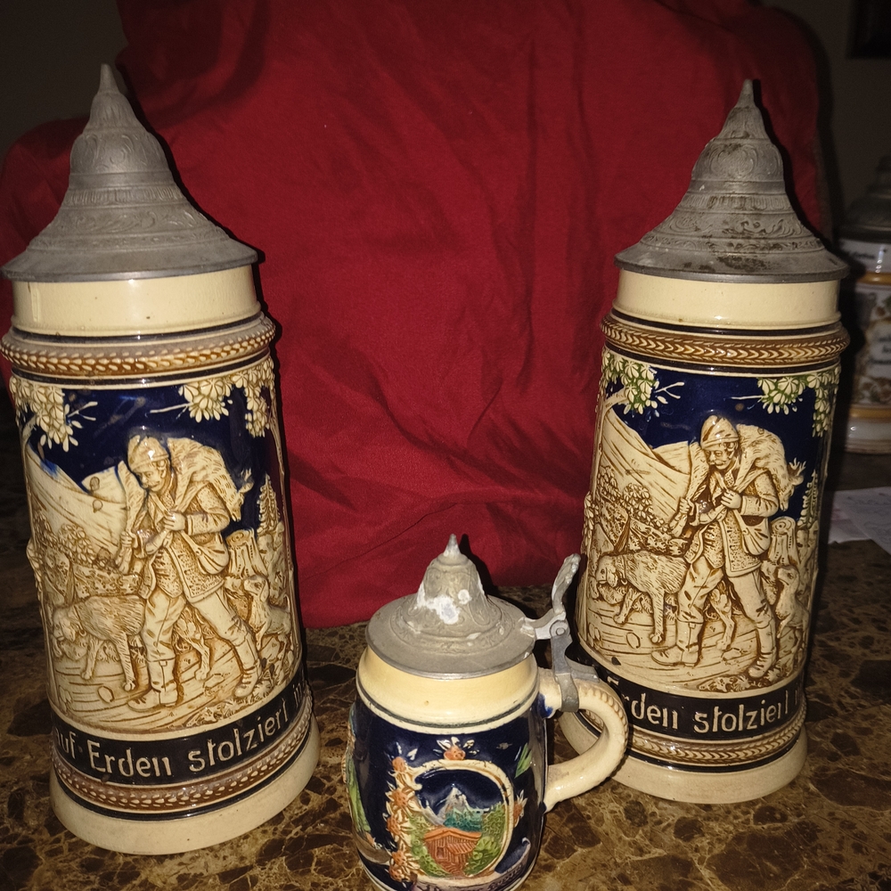 Ceramic Beer Steins with Blue and Cream Design